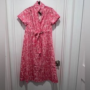 Holly Shae Bria Pink face design Short-Sleeve cinch Tie-Waist Midi Dress